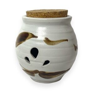 Handmade Stoneware Garlic Keeper White Brown Pottery Glaze Artist‎ Signed Lid